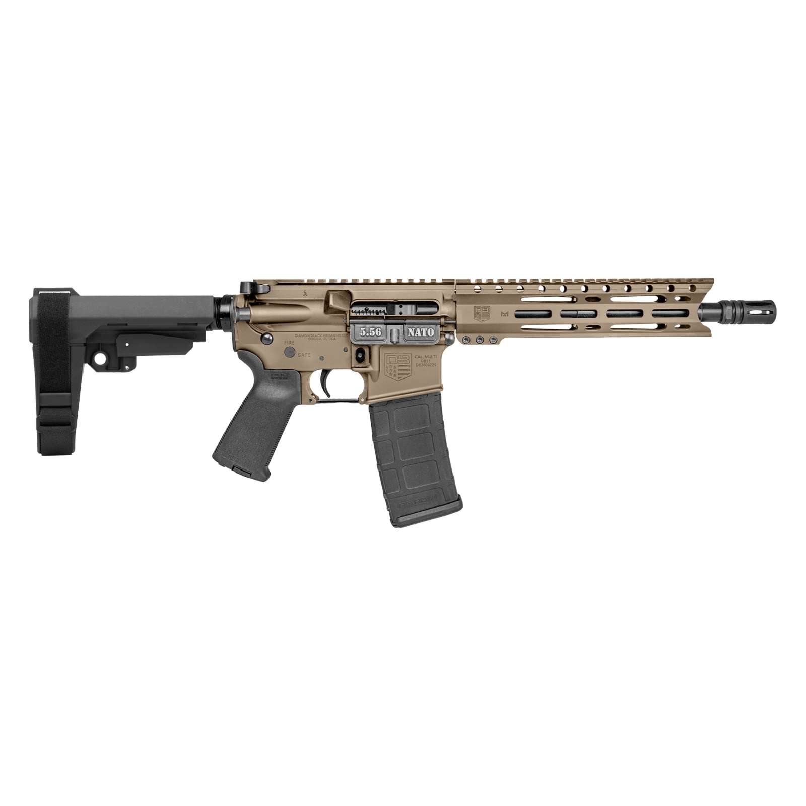 DIAMONDBACK DB15 5.56 10" W/ 9" PC M-LOK RAIL, FLAT DARK EARTH, SBA3 BRACE, (1) 30RD PM